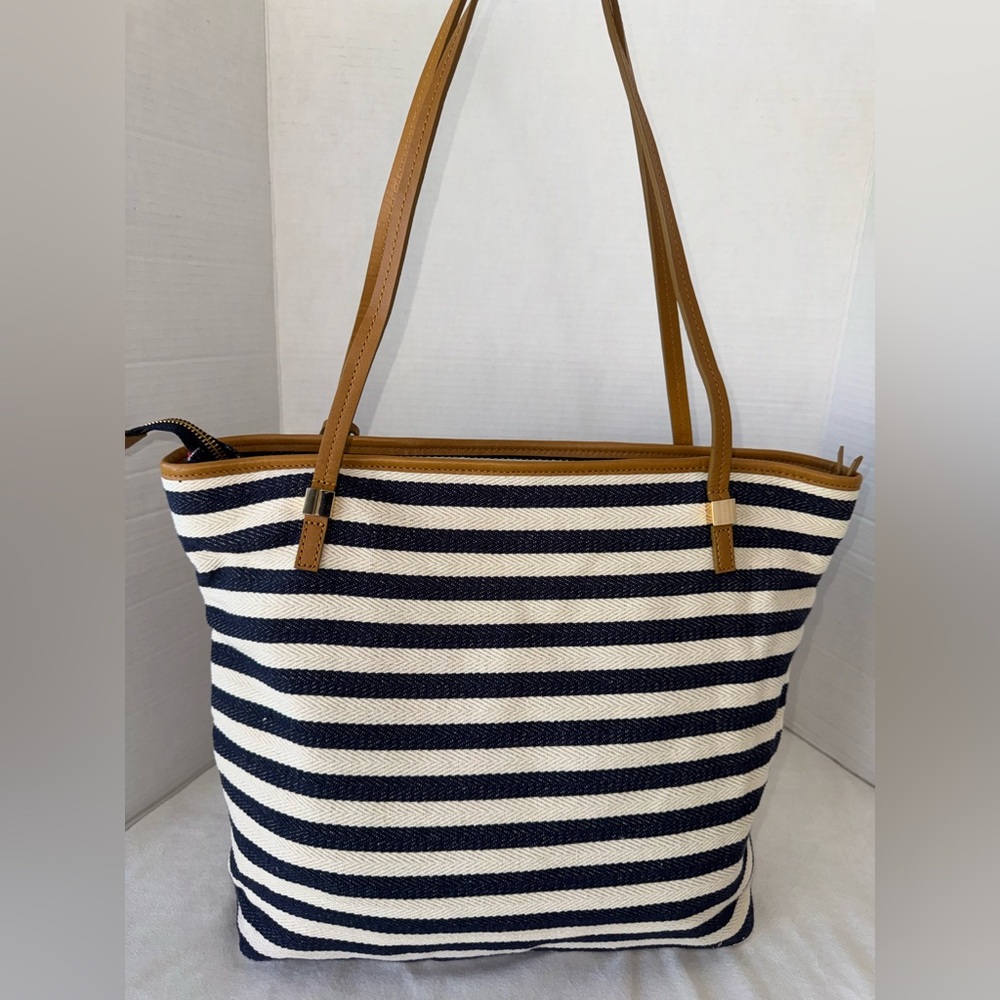 Chico's Striped Vibrant Floral Embroidered Cotton Leather Tote Shoulder Purse - Picture 7 of 14